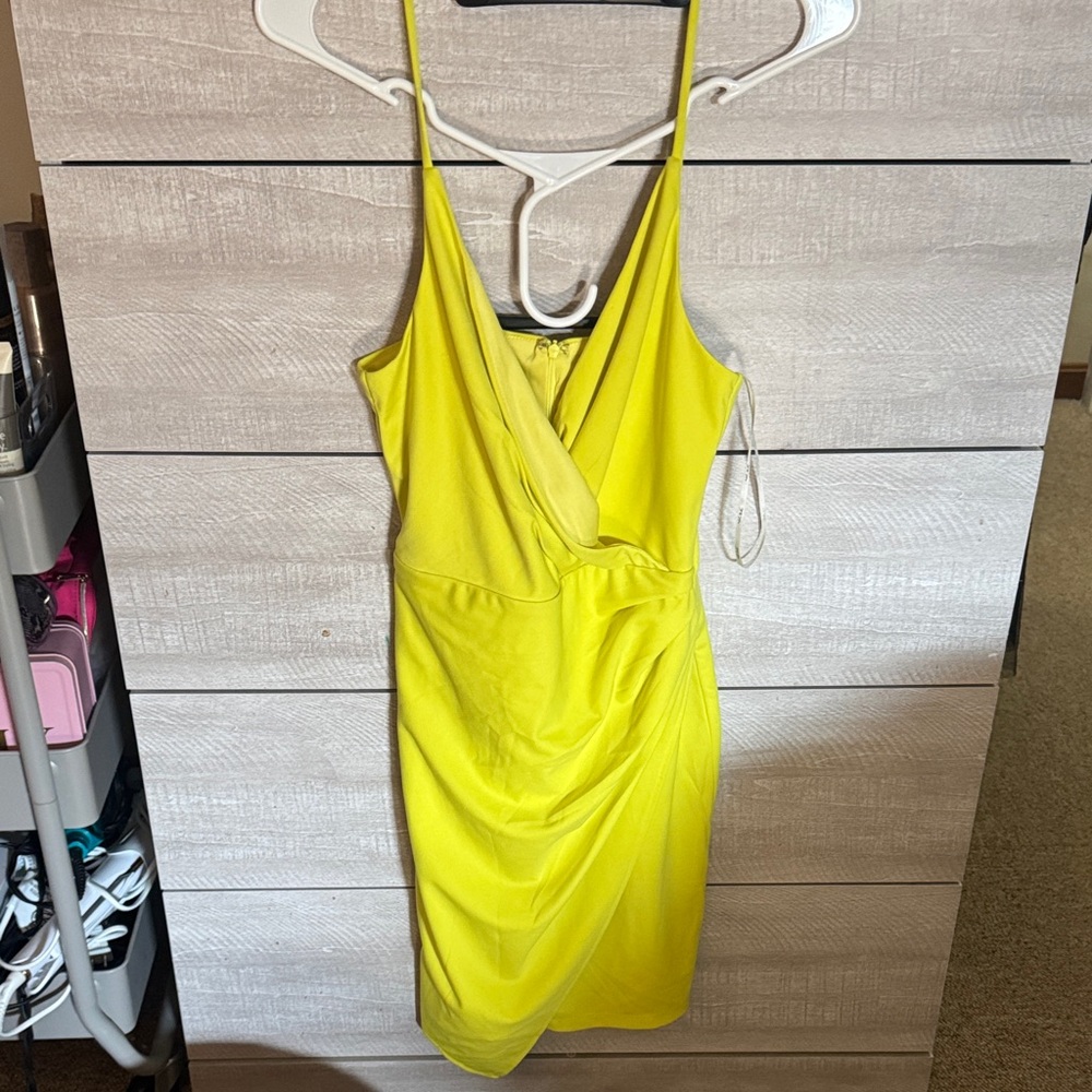 Bright Yellow Spaghetti Strap Wrap Mini Dress